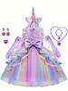 7pcs Girls Unicorn Costume, Rainbow Princess Dress, Toddler Unicorn Birthday Party Dress, Halloween Kids Cosplay, Fairy Tales Dress Up, With Headband