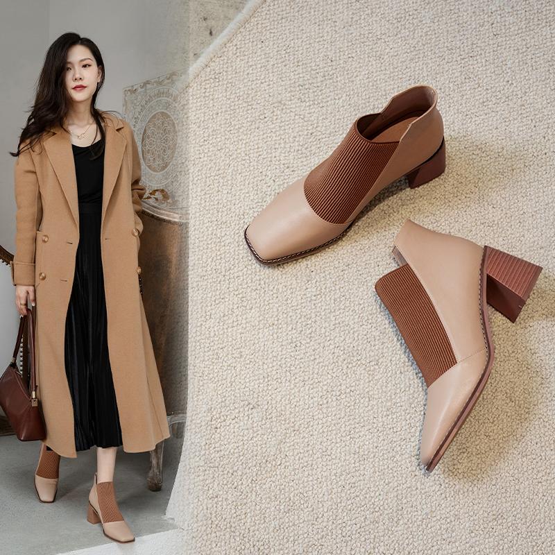 Мода Мода Удобные Женские Ботильоны из Натуральной Кожи Элегантный Квадратный Носок Толстый Каблук Туфли Вечеринка Повседневная Обувь Женщина 2025 Новинка