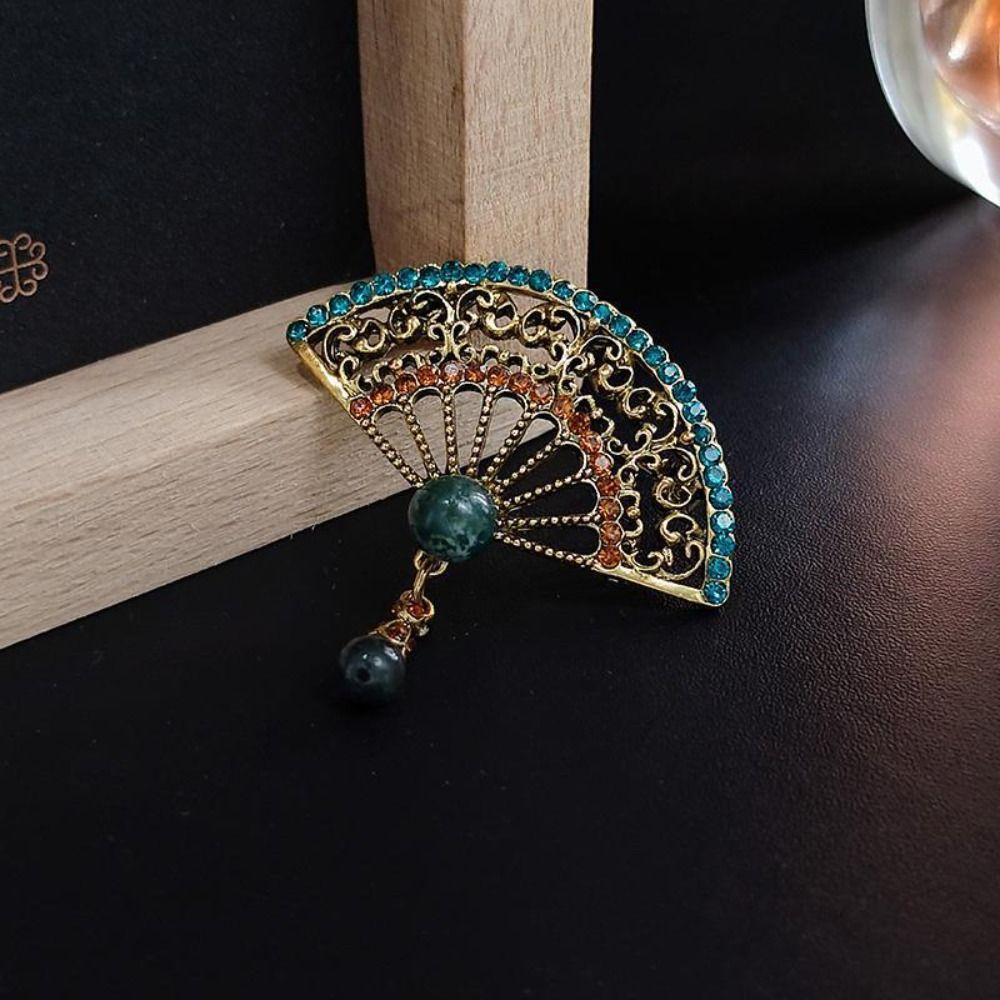 Oil Rhinestone Jewelry Accessories Women Brooch Chinese Style Collar Pin Enamel Fan Brooches