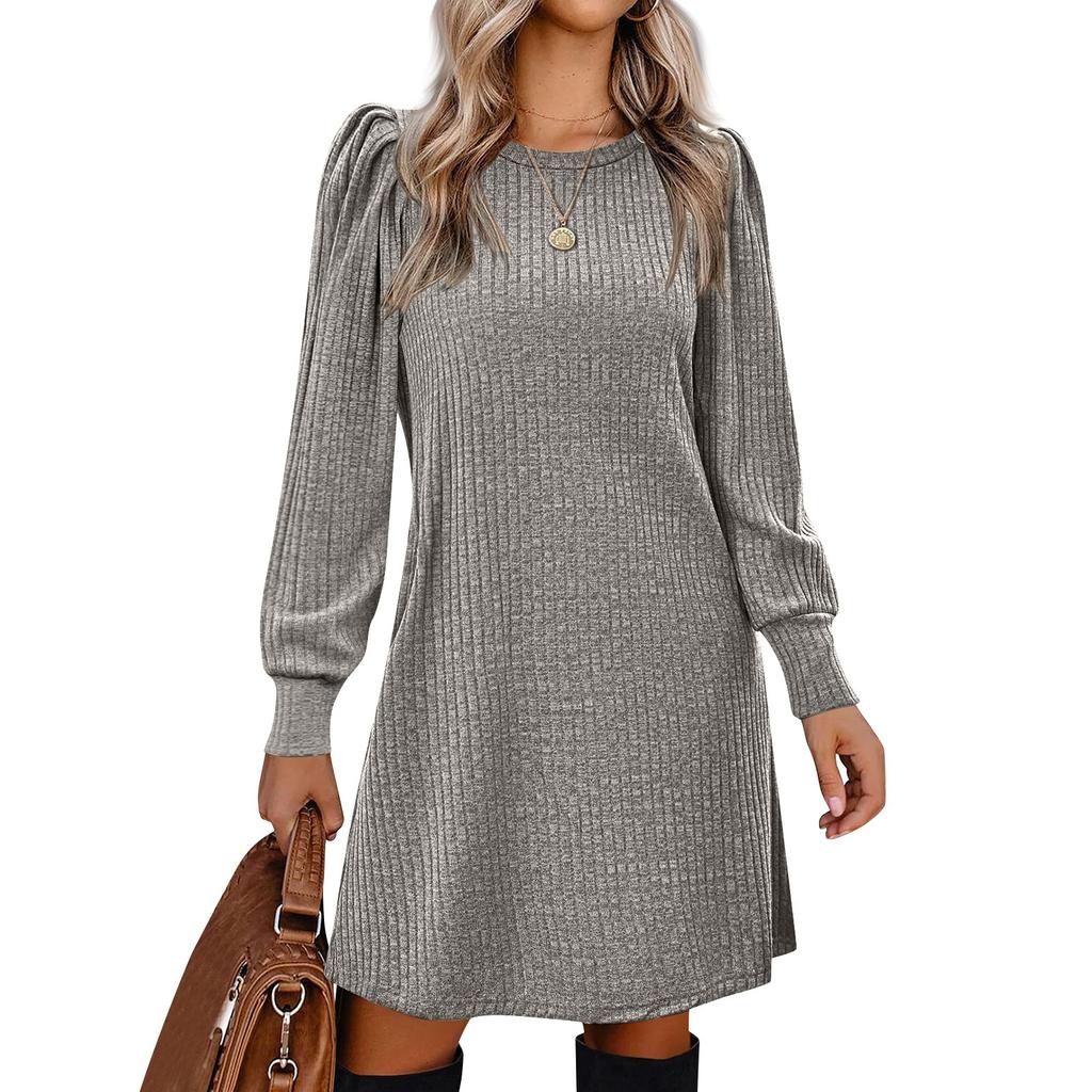 Женское платье-фонарик с длинным рукавом, повседневное, с круглым вырезом, длиной до колена, с карманами