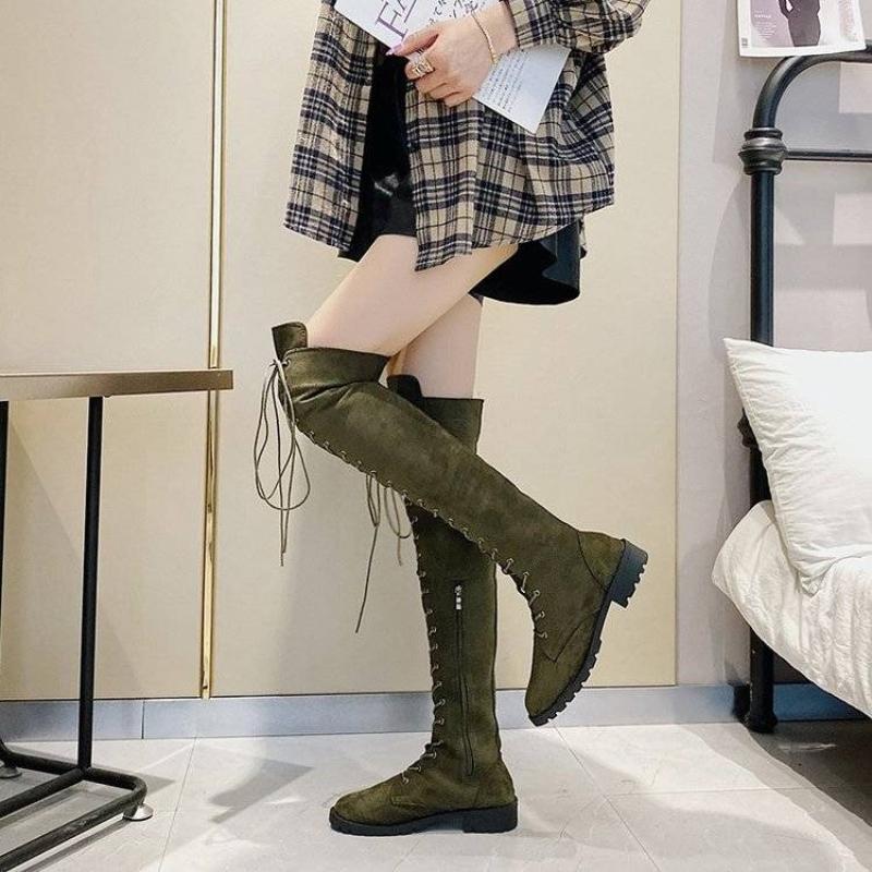 Lace-up Elegant with Low Heels Round Toe Thigh High Boots for Women Autumn Winter Gothic Biker Above Over The Knee Shoes Woman