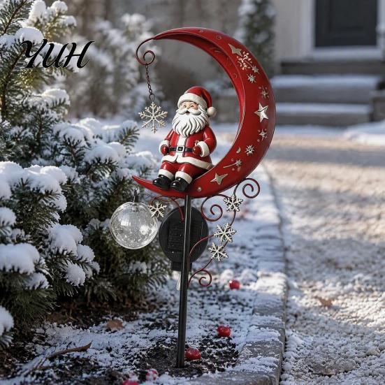Solar Powered Christmas Decor 31 Inch Solar-Powered Garden Stake Light, Santa Claus on A Moon LED Pathway Retro Style Art Light with Snowflake Charm,
