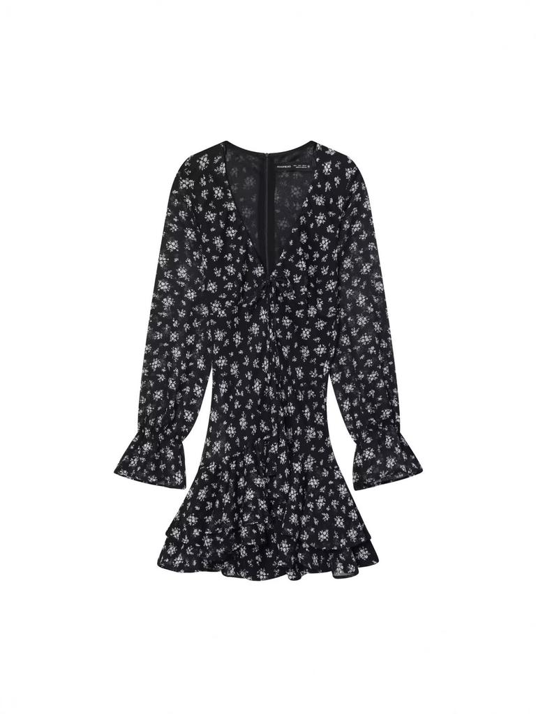 2025 Autumn/Winter European Women's Waist-Cinching Printed Long-Sleeve Dress