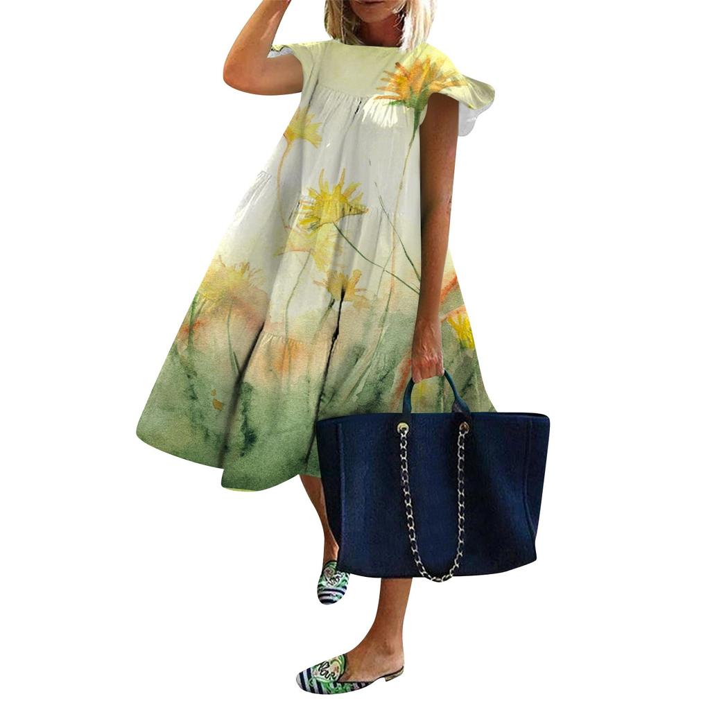 Женские повседневные летние платья с рюшами и круглым вырезом с коротким рукавом