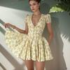 Spring Summer Women Bubble Short Sleeve Pleated Dresses High Waist A-Line V-Neck Slim Floral Print Dress