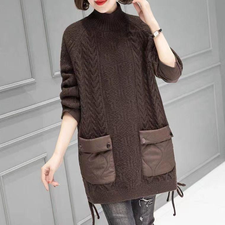 The Knitted False Two-piece Jumper Female Splicing Cotton Half-high Collar Jacket Large Size In The Long Yangqi Light Cotton Clothing
