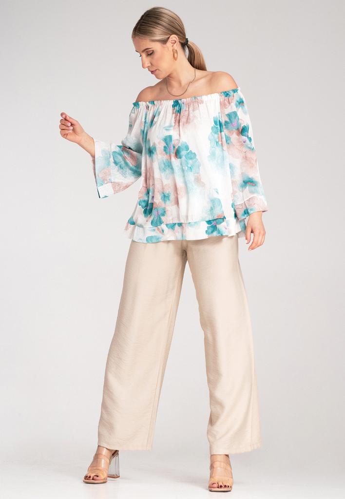 Bluzka Hiszpanka W Kwiaty - Bluzka Z Bufiastymi Rękawami - Turkusowa Bluzka M1142 R. S/M