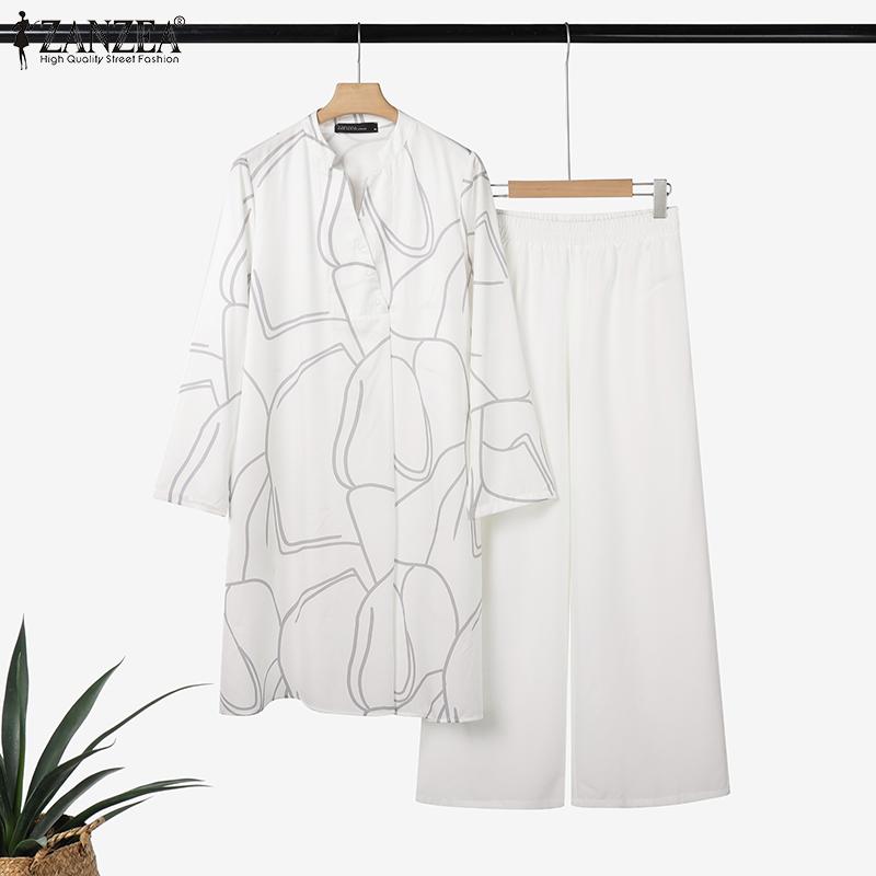 ZANZEA Women Long Sleeve Print Blouse and Pants Casual Two Piece Suit Sets