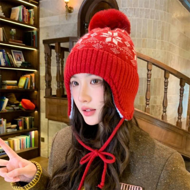 New women's autumn and winter face small fleece jacquard wool hat outdoor travel cold warm hat big head circumference knitted hat