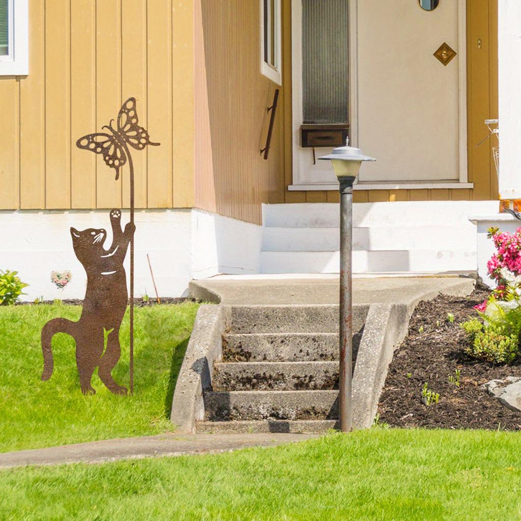 1Pc Rust-Colored Cat Garden Ground, a Fun Outdoor Decoration for Lovers, with Cat and Butterfly Design, Suitable for Muawn Art.
