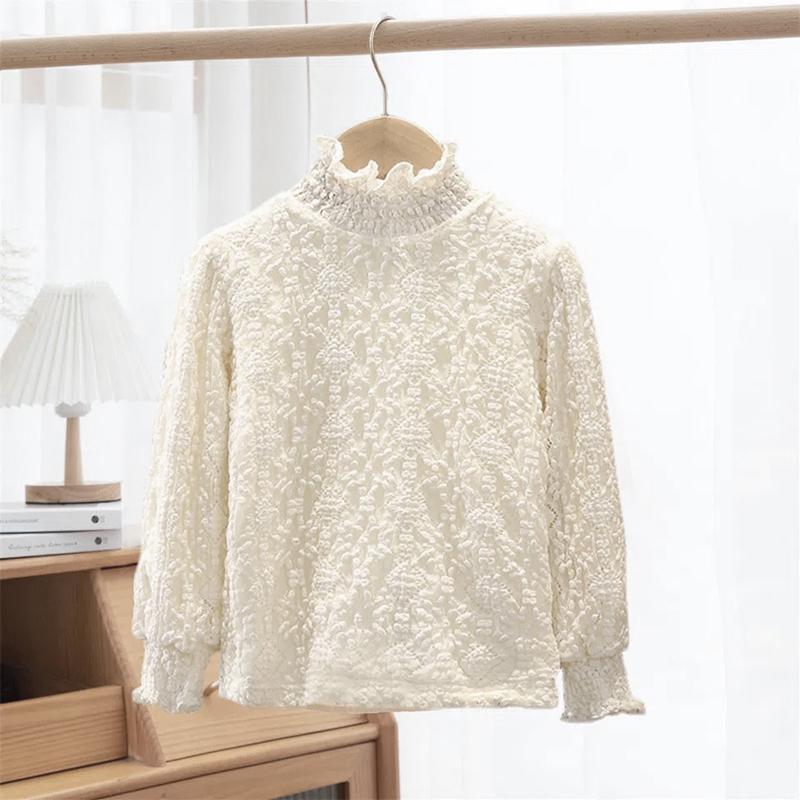 Baby Girls White Shirt Winter Thick Beige Long-sleeved Blouse Girls High-neck Tops Children's Clothing Pullover 1 To 12 Years
