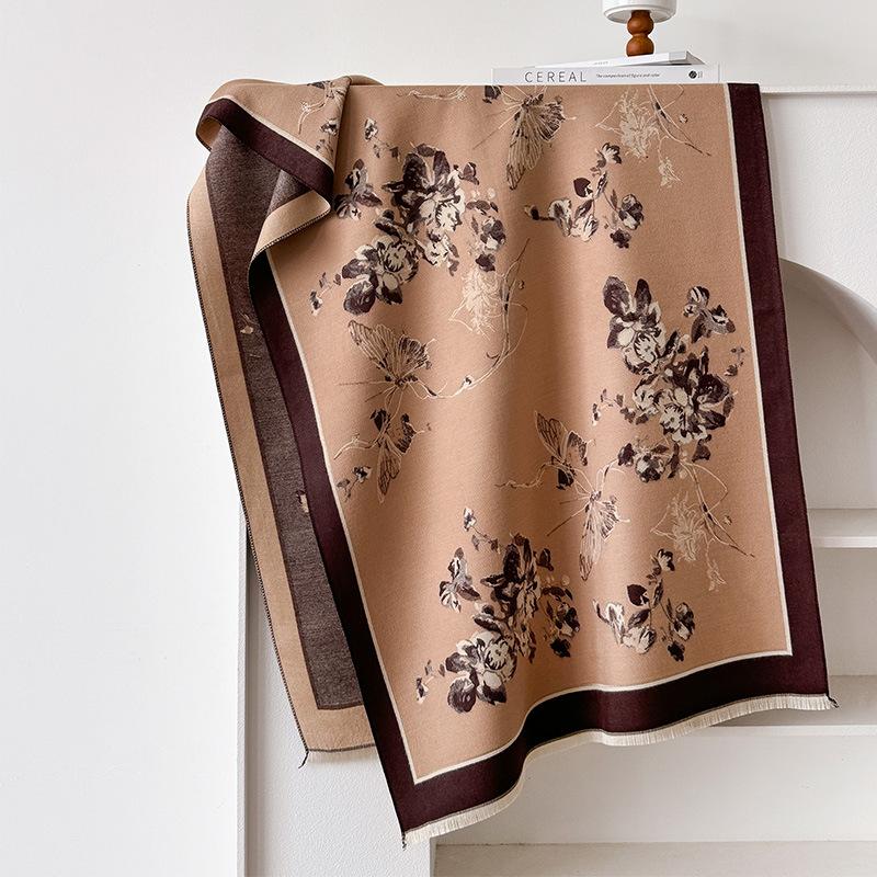 Korean Version Of Butterfly Love Flower Imitation Cashmere Thickened Winter Warm Scarf Fashion Shawl Double-Sided Printed Scarf