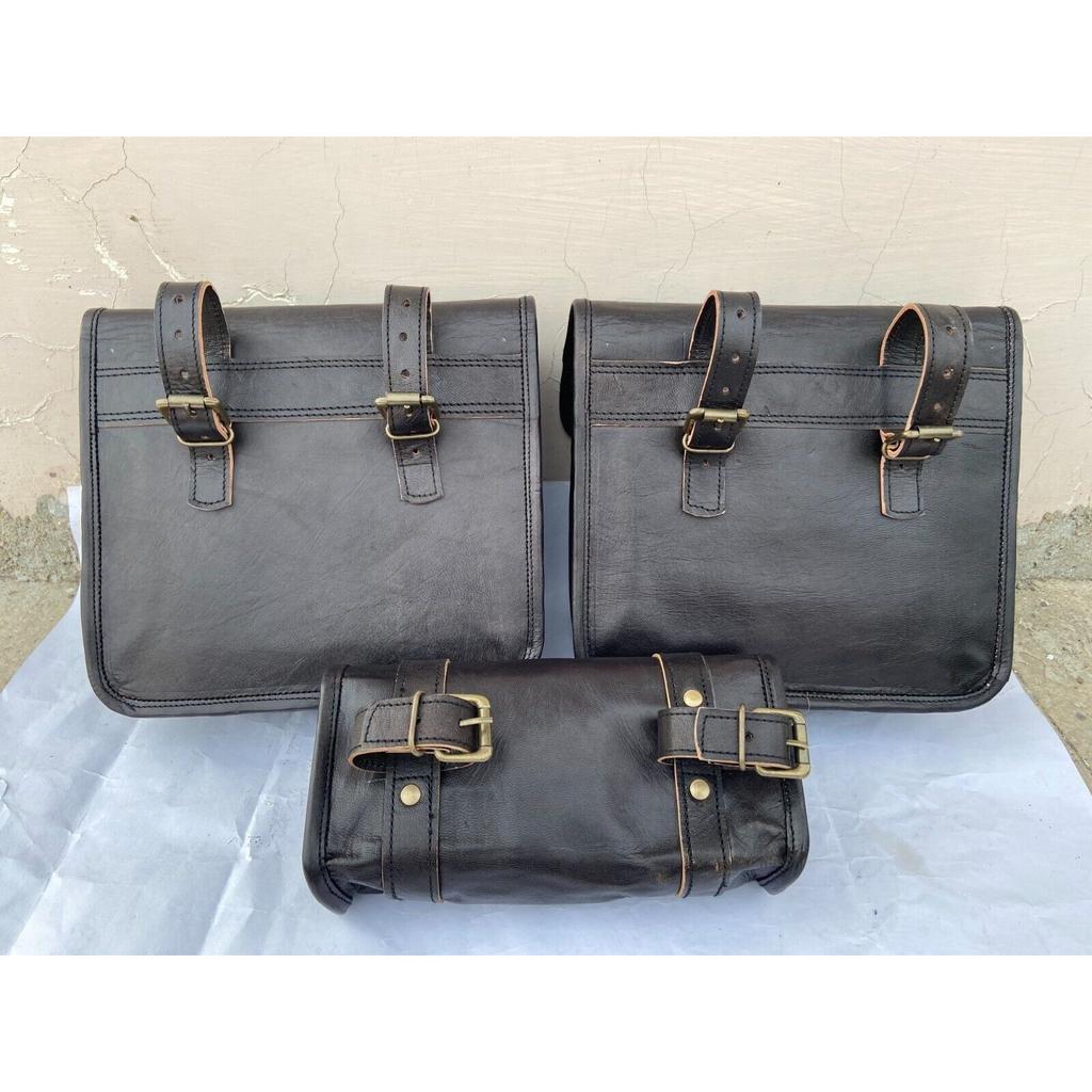 Combo 3 Saddle Bag Vintage Leather Motorcycle Panniers 1 Tool Pouch 2 Side Bag