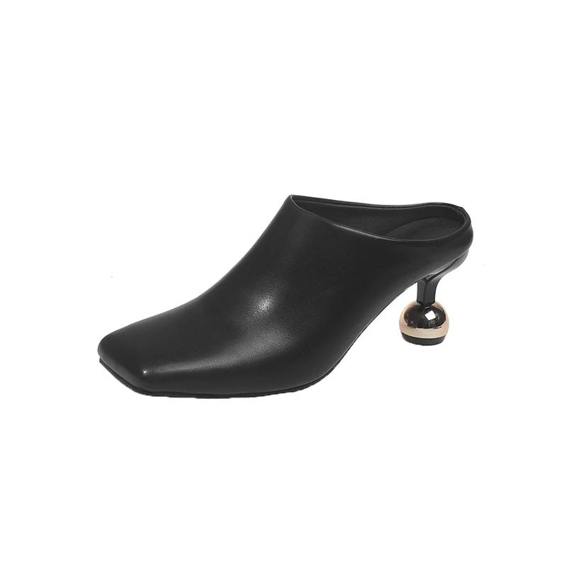 Fashion Square Toe Elegant Women Slippers Fad Mid Heels Leather Sandals Mule Shoes 2025 New Trend Spring Designer Dress Femme Chaussures