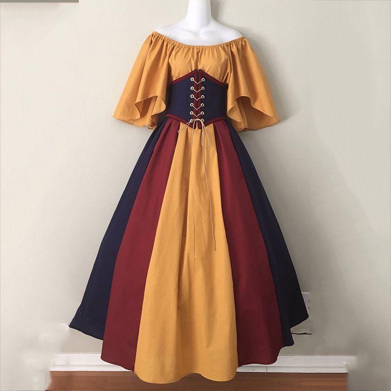 The First Dress of Autumn:New Women Medieval Costume Dress Cold Shoulder Maxi Vintage Renaissance Cosplay Dress Tie Up Corset Waist