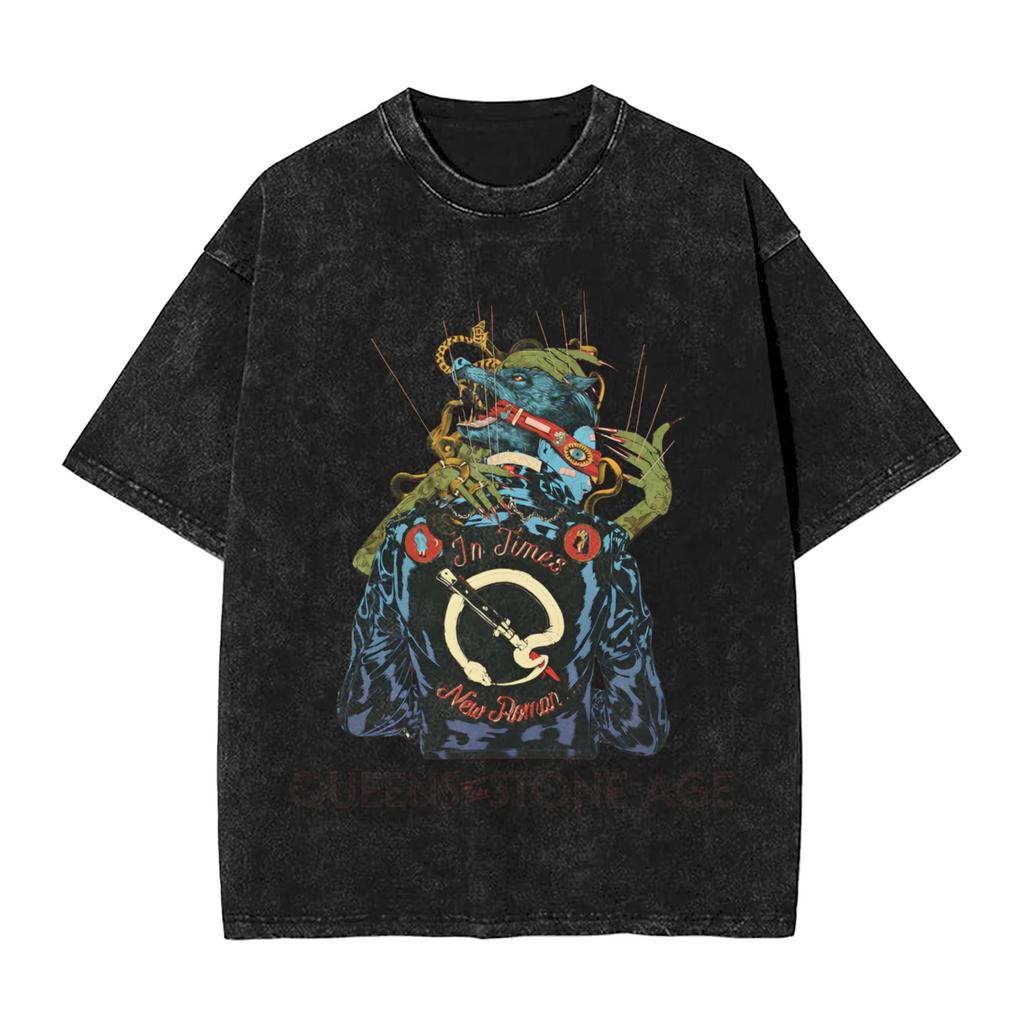 Retro Queen of The Stone Age Band Men's T Shirt Washed Humor Tees Short Sleeve Round Collar T-Shirt Pure Cotton Clothes