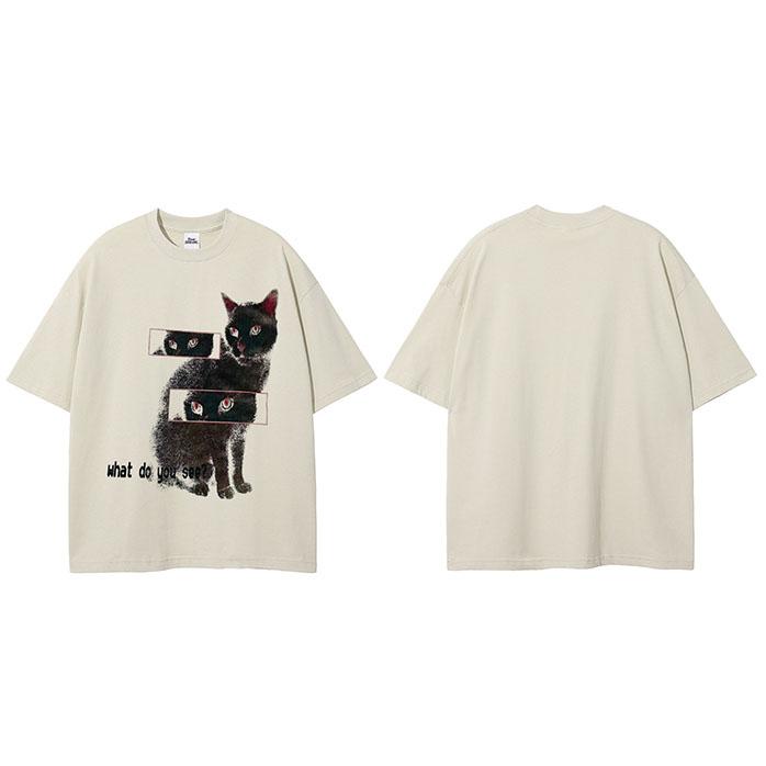 Hip Hop Faded Black TShirt Streetwear Animal Graphic T Shirt Cat Eyes Printed Men Tshirt Cotton Tops Tees Hipster