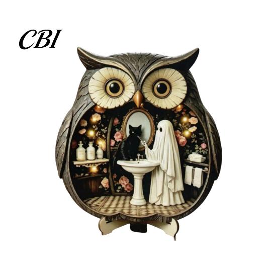 Vintage Wood Halloween Wooden Owl Tabletop Centerpiece, 2D Flat Pumpkin Ghost Bat Art Skeleton Standing Table Sign for Party, Shelf, Desk Decor Shelf