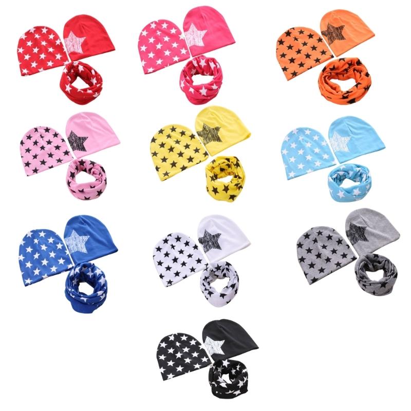 Набор шапка и шарф для малыша 3 шт. Унисекс Малыш Муслиновая шапка с принтом пентаграммы Шапка-бини Шарф-воротник Для младенцев Ветрозащитный Теплый головной убор