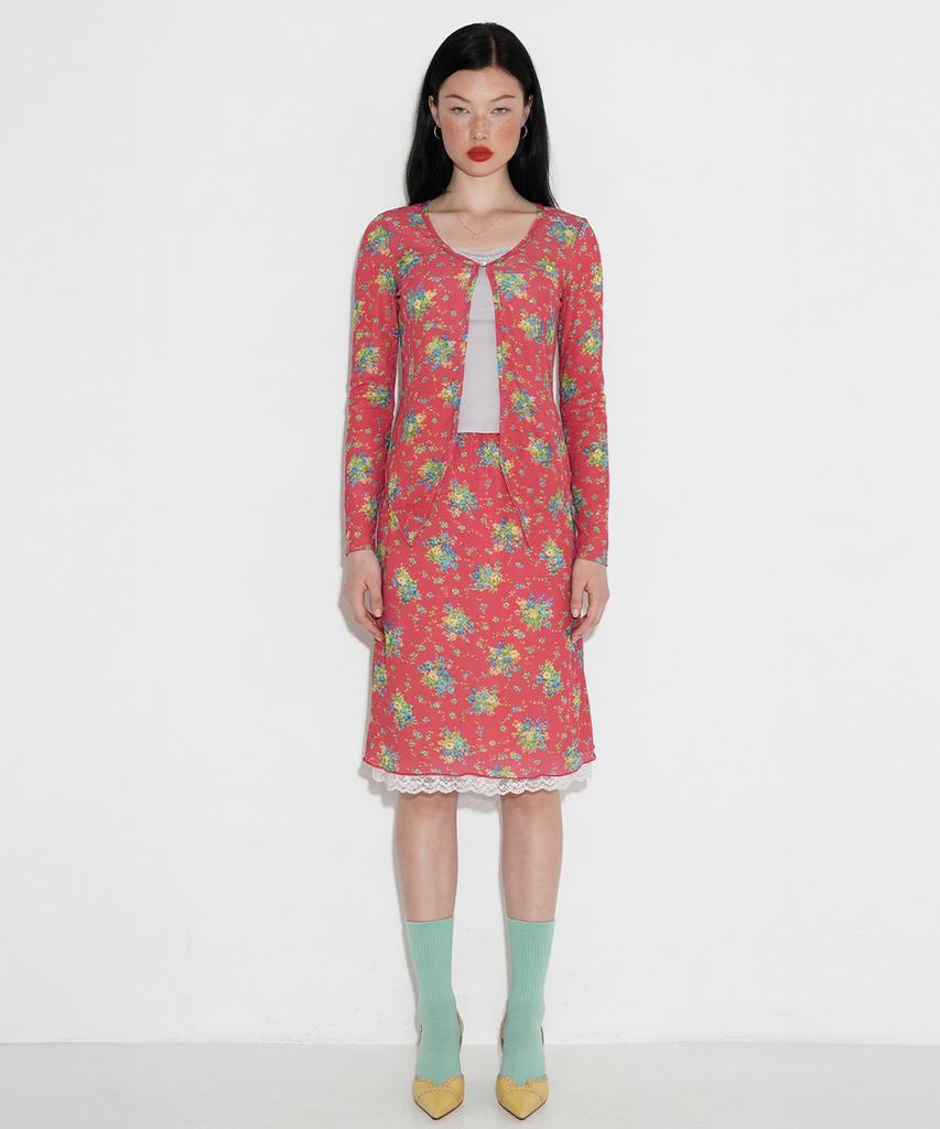 Cecese Rose Pointed Lace Hem Skirt Pink