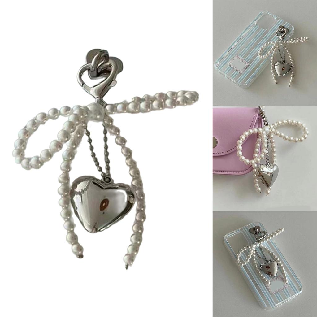 Pearls Beaded Phone Lanyard Bowknot Heart Pendant Keychain Stylish Phone Charm Keyring Bag Charm Accessory for Women