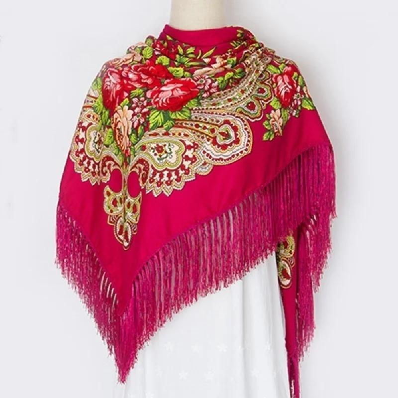 1 Pcs Fashion Big Size Square Scarf Cotton Long Tassel Print Scarf In Spring Winter Shawl For Women Floural