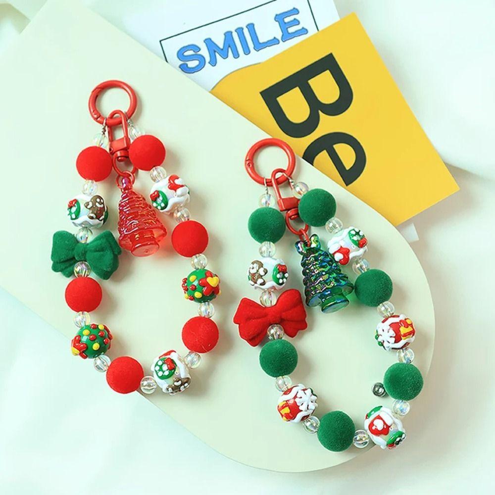 Santa Claus Plush Beads Keychain Flocked Bowknot Beaded Cell Phone Lanyard  Unisex