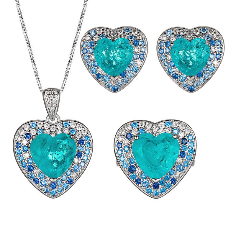 Ювелирный набор Кольцо Ожерелье Серьги Сердце Океана Параиба Blu-Ray Премиум Женские украшения