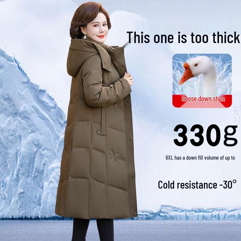 Брендовая женская длинная куртка из натурального гусиного пуха - Супертолстое зимнее пальто для женщин среднего и пожилого возраста.