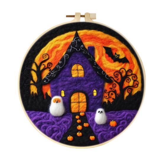 Halloween Needle Felting Kit Beginner Felt Craft Set DIY Felt Painting with Faux Wool Needle Frame Stamped Fabric for Adults Handcraft Lovers