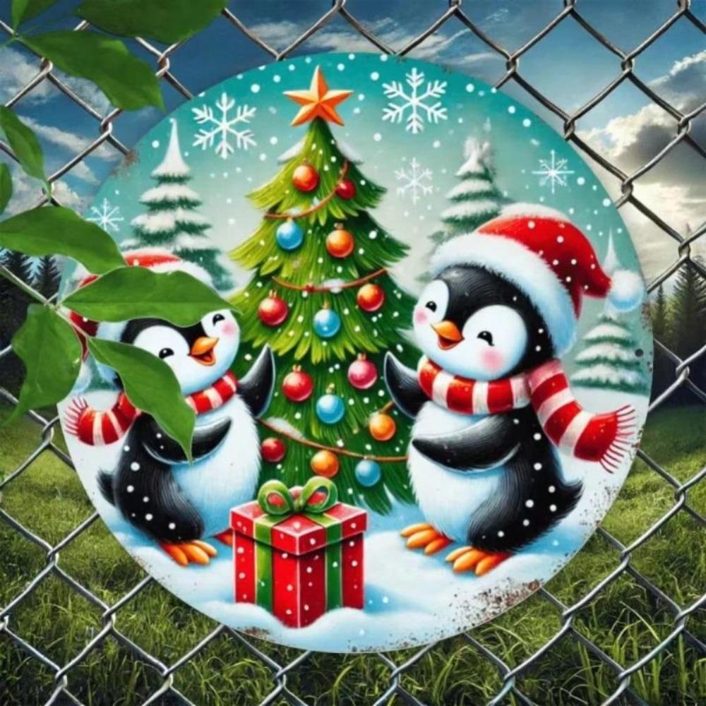 Пингвин Рождественский Металлический Настенный Арт Круглый Знак Водонепроницаемый Ржавостойкий Декор