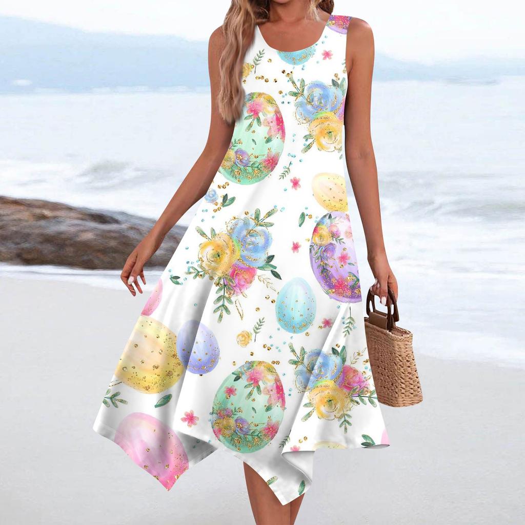 Women's Casual Fashion Round Neck Sleeveless Print Irregular Hem Midi Dress