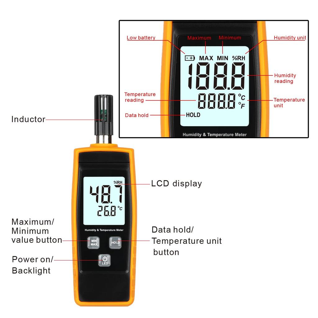 Handheld Digital Hygrometer Thermometer LCD Display Backlight Moisture Tester Gauge for and Agricultural Use Hygrometer, 0~100% RH/-30~60°C