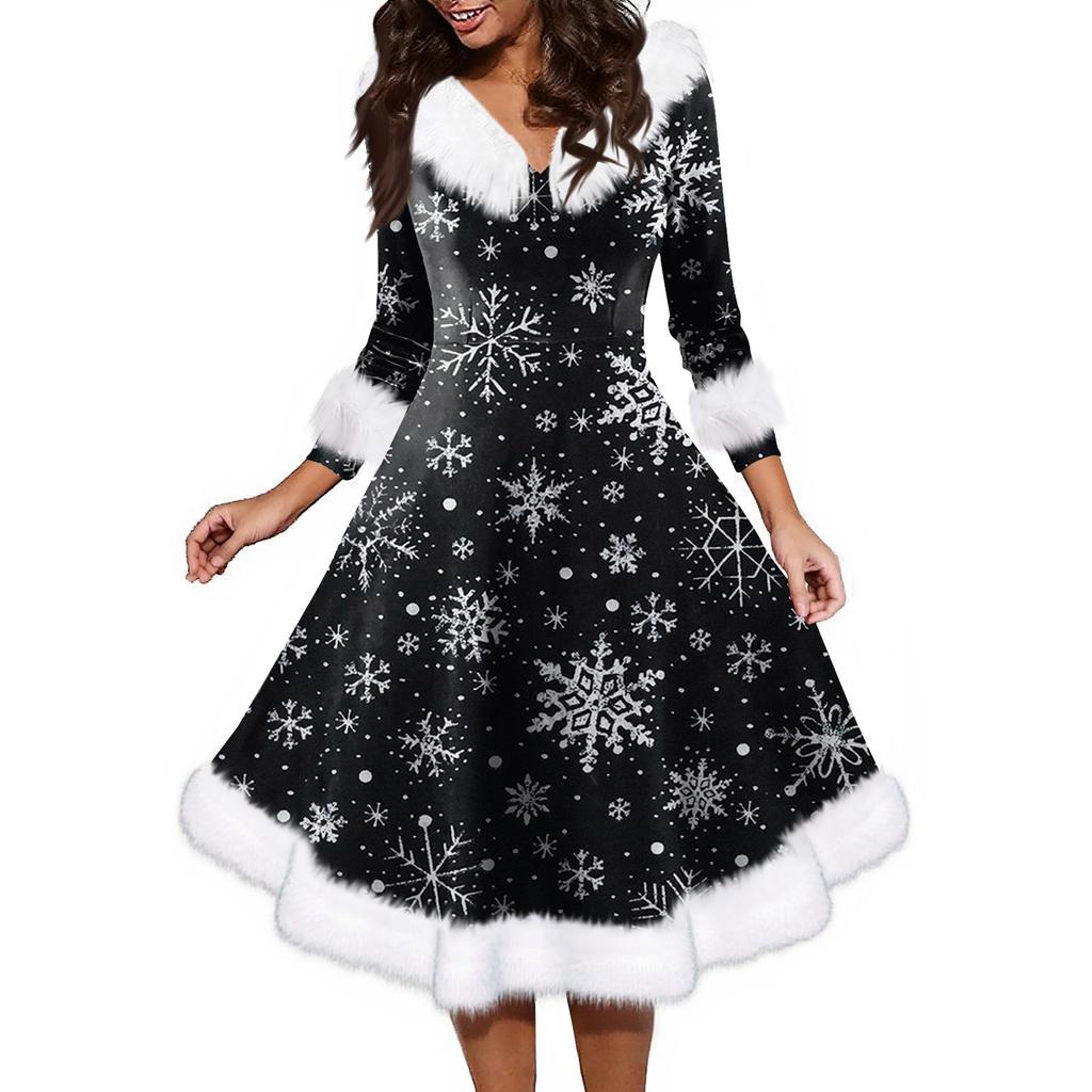 Женское модное повседневное платье с v-образным вырезом и рождественским принтом для вечеринки с длинными рукавами