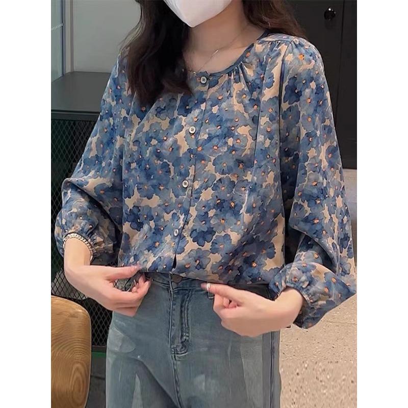 Spring New Korean Style Round Neck Puff Sleeve Printed Shirt for Women Loose and Versatile Long-sleeved Shirt