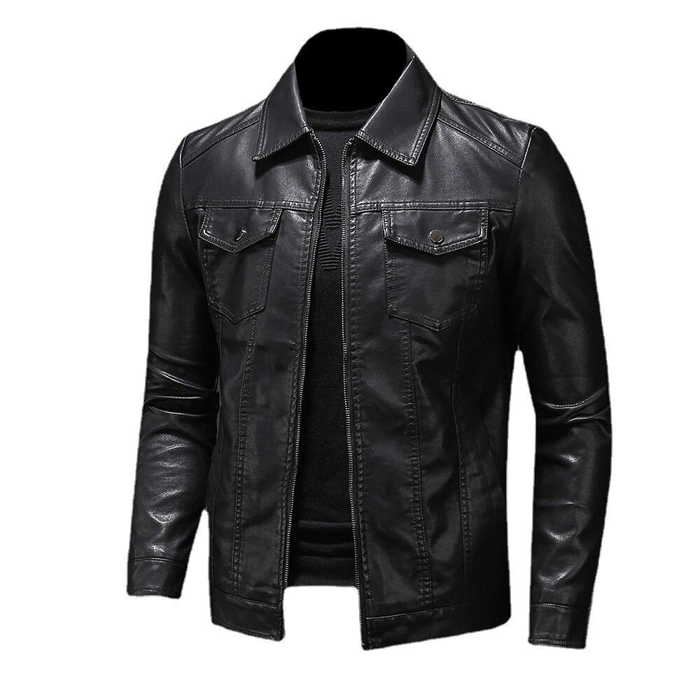 Men's Motorcycle Leather Jacket Large Size Pocket Black Zipper Lapel Slim Fit Male Spring and Autumn High Quality PU Coat