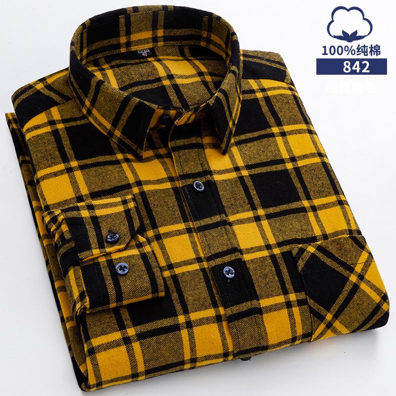 6XL Осенне-зимняя большая мужская рубашка в клетку из 100% хлопка с начесом, с длинным рукавом, устойчивая к сминанию, деловой кэжуал, не требующая глажки, плотная
