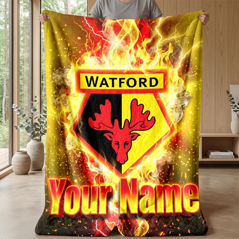 Watford FC Custom Name Text Flannel Blanket Soccer Logo Personalized Fleece Throw Blanket Special Gift For Sofa Bedroom Home
