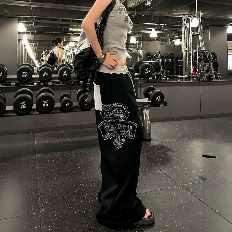 Women Men Gothic Letter Print Drawstring Pants Casual Streetwear Jazz Dance Trousers