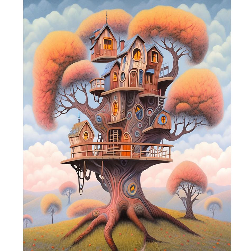 Рамка «сделай сам», картина по номерам для взрослых, комплект, дом на дереве, настенное искусство, пейзаж ручной работы, подарок «сделай сам», для домашнего декора стен 40x50 см