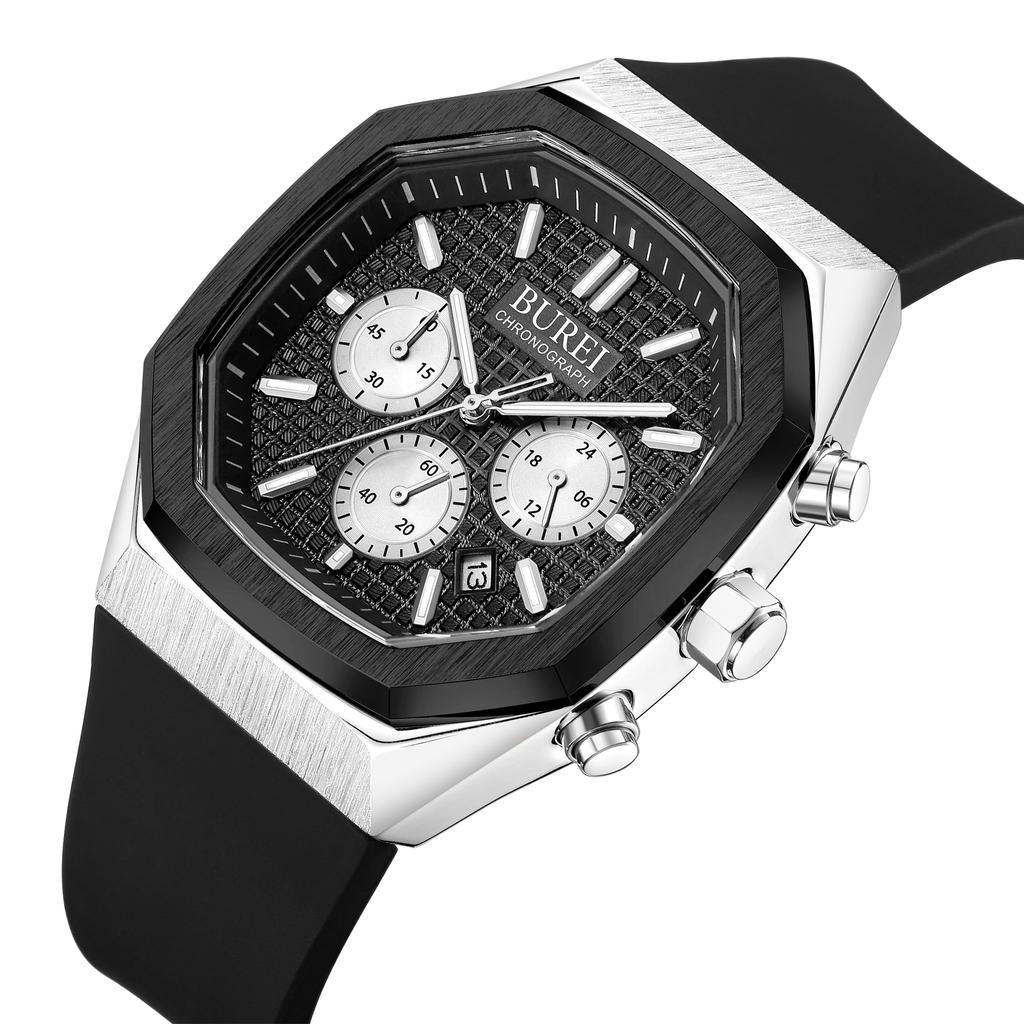 Часы с прямоугольным циферблатом, хронограф, кварцевые часы, аналоговые, водонепроницаемые, дата, черный уретановый ремень, часы в подарок [BUREI] Мужские Мужские Мужские