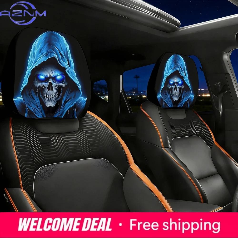 Cool Blue Grim Reaper Skull Print Car Headrest Covers, Universal Fit Soft Auto Headrest Protectors for Car Interior Decorat