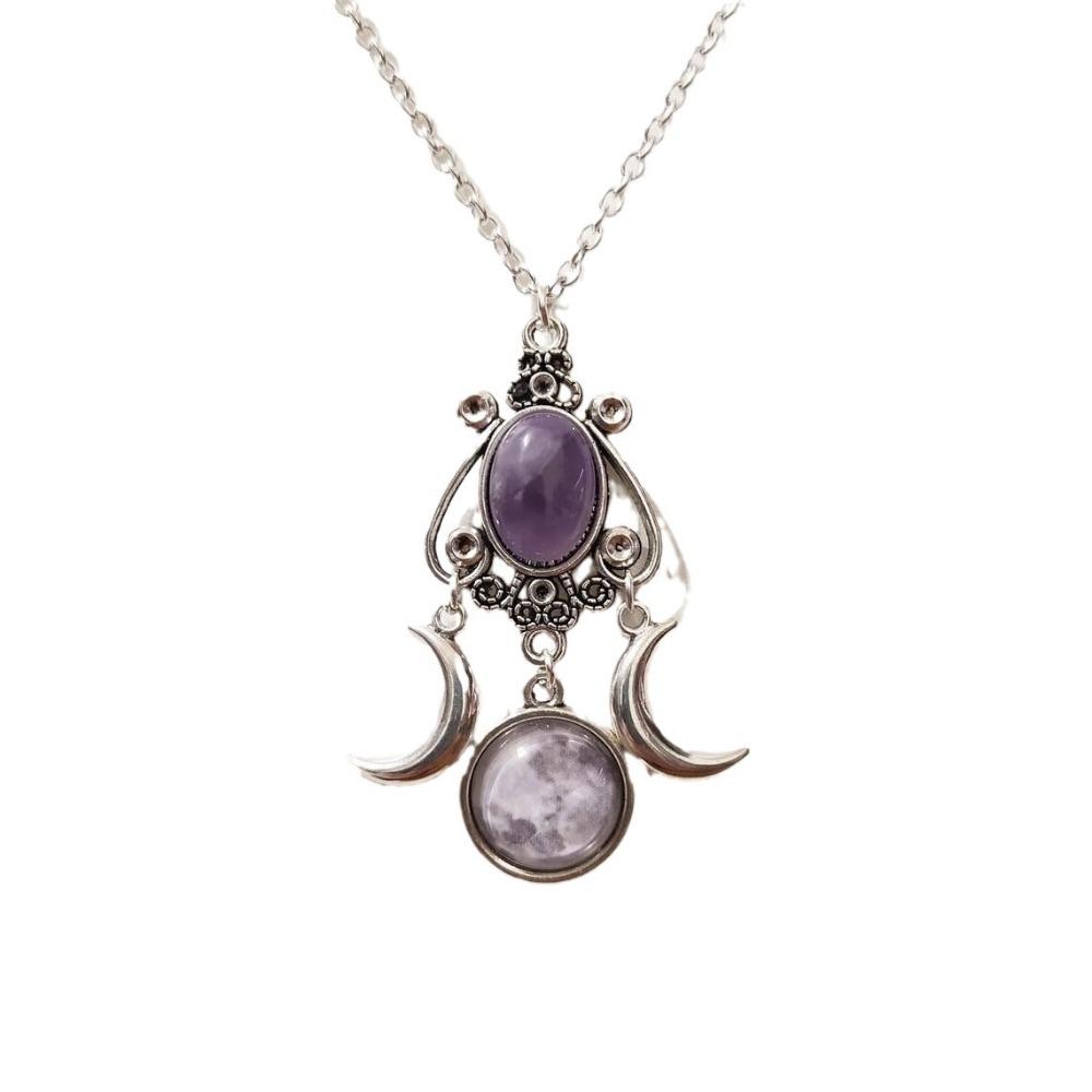 Personality Punk Sliver Color Triple Moon Goddess Round Oval Amethyst Pendant Necklace for Women Creative Charm Jewelry Gifts