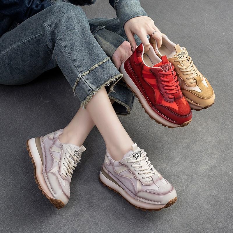 2024 Spring New Genuine Leather Sneakers Casual Sports Shoes Round Toe Lacd-up Retro Versatile Women's Flat Shoes