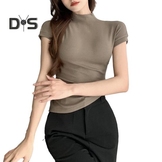 Женские топы с высоким воротником и короткими рукавами, облегающие футболки, однотонные мягкие эластичные пуловеры, повседневная одежда