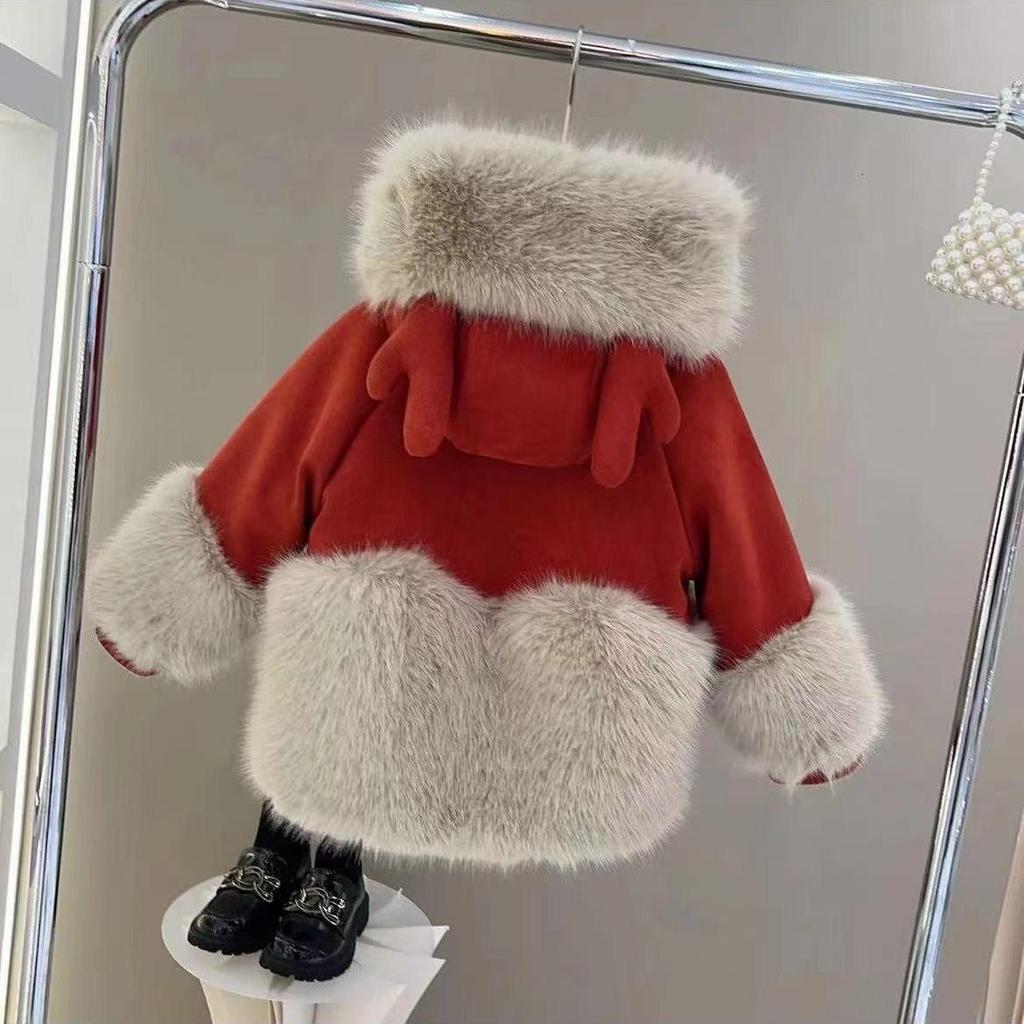 Шерстяной свитер для девочек в корейском стиле с искусственным мехом – модное пальто осень/зима 2024 года.