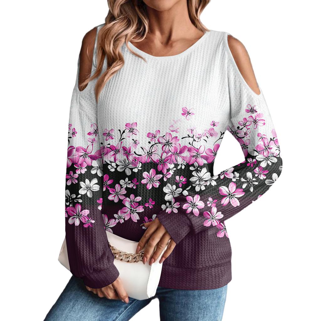 Women's Winter Oversized T-Shirt Fashionable Off-the-Shoulder Round Neck Vintage Floral Print Pullover Long-Sleeved Top