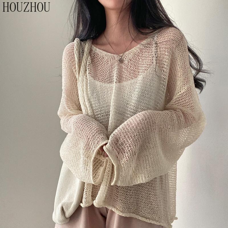 HOUZHOU открытые топы, женские винтажные элегантные повседневные уличные свитера с круглым вырезом, шикарные свободные свитера, трендовые пуловеры