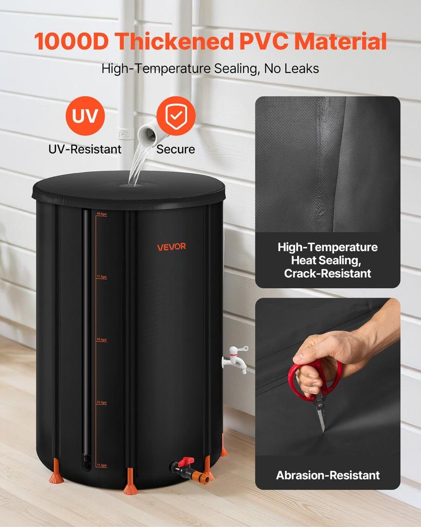 Collapsible Rain Barrel, 380 L Portable Rain Water Collection Barrel, 1000D PVC Rainwater Collection System, Garden Water Catcher Tank Storage