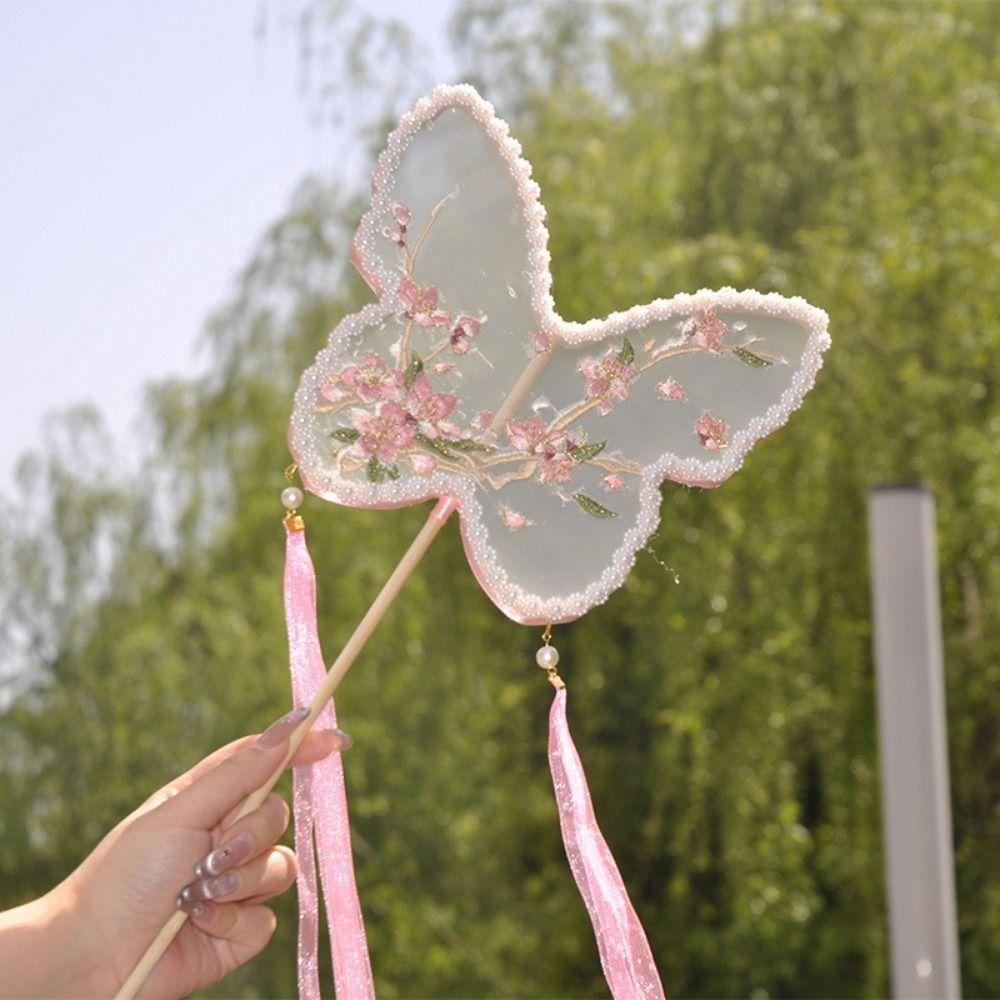 Long Handle Chinese Style Fan Decorative Floral Pattern Silk Fan Vintage Hanfu Fan Ladies